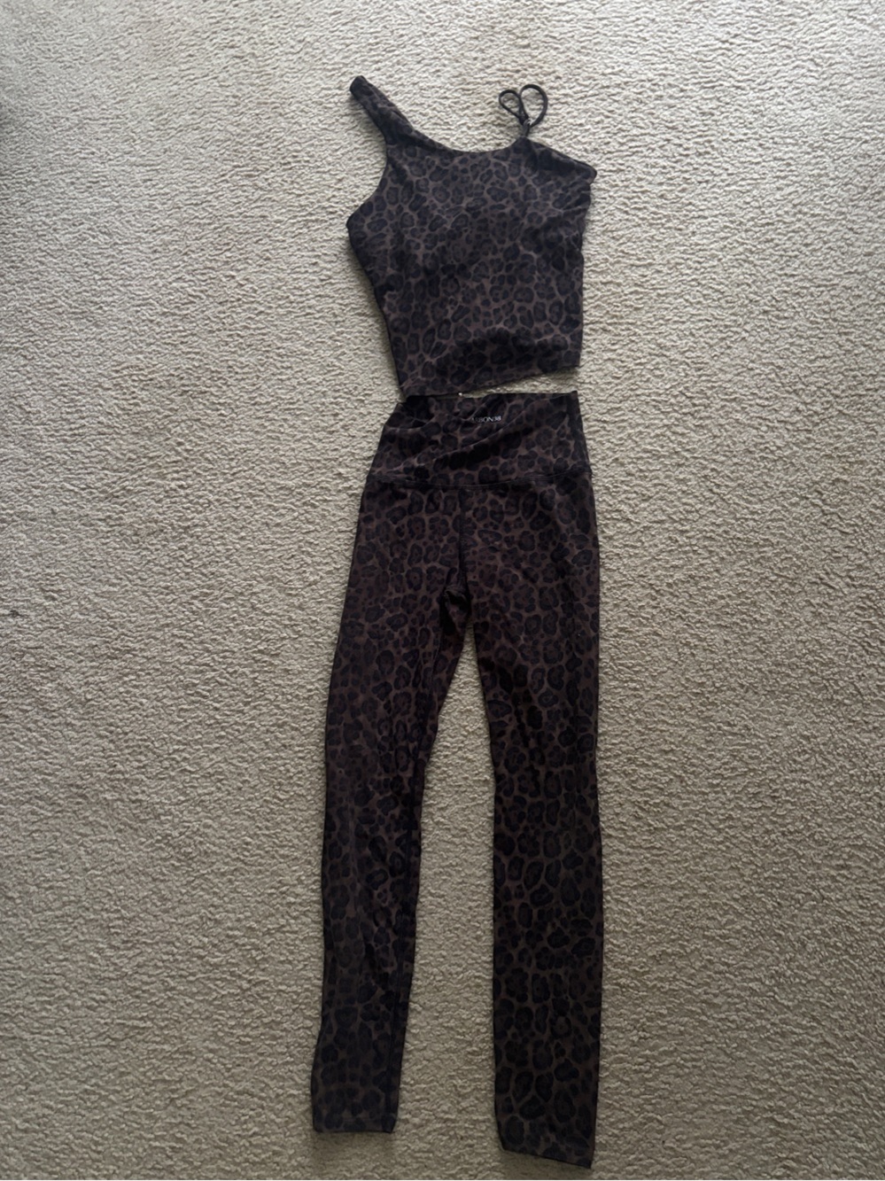 Carbon38 Brown Black Leopard-Print Leggings Small & One-Shoulder Top Medium Set